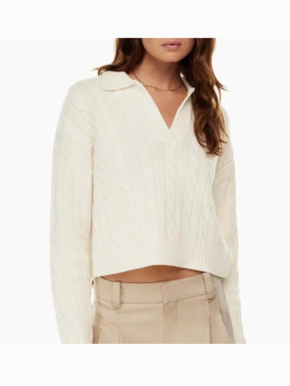 Aritzia Sunday Best Lottie Cropped White Cable Knit Polo Sweater Small